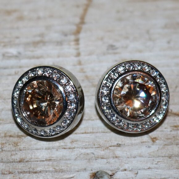 Designer Like DY Round Amber Stone w Crystals Stud Earrings NEW! - Picture 1 of 5